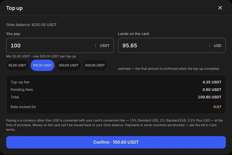Girex card top-up review with illustrative amount, fees and estimated card credit