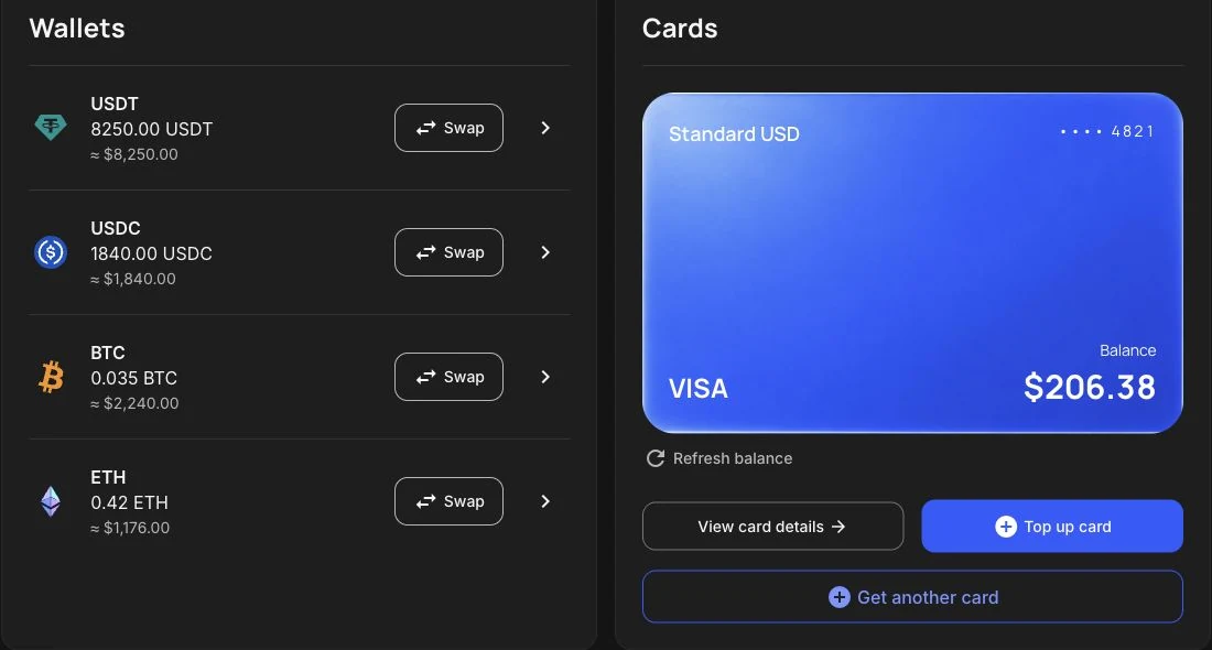 Girex web dashboard with wallets, card balance and frequent actions using demo data