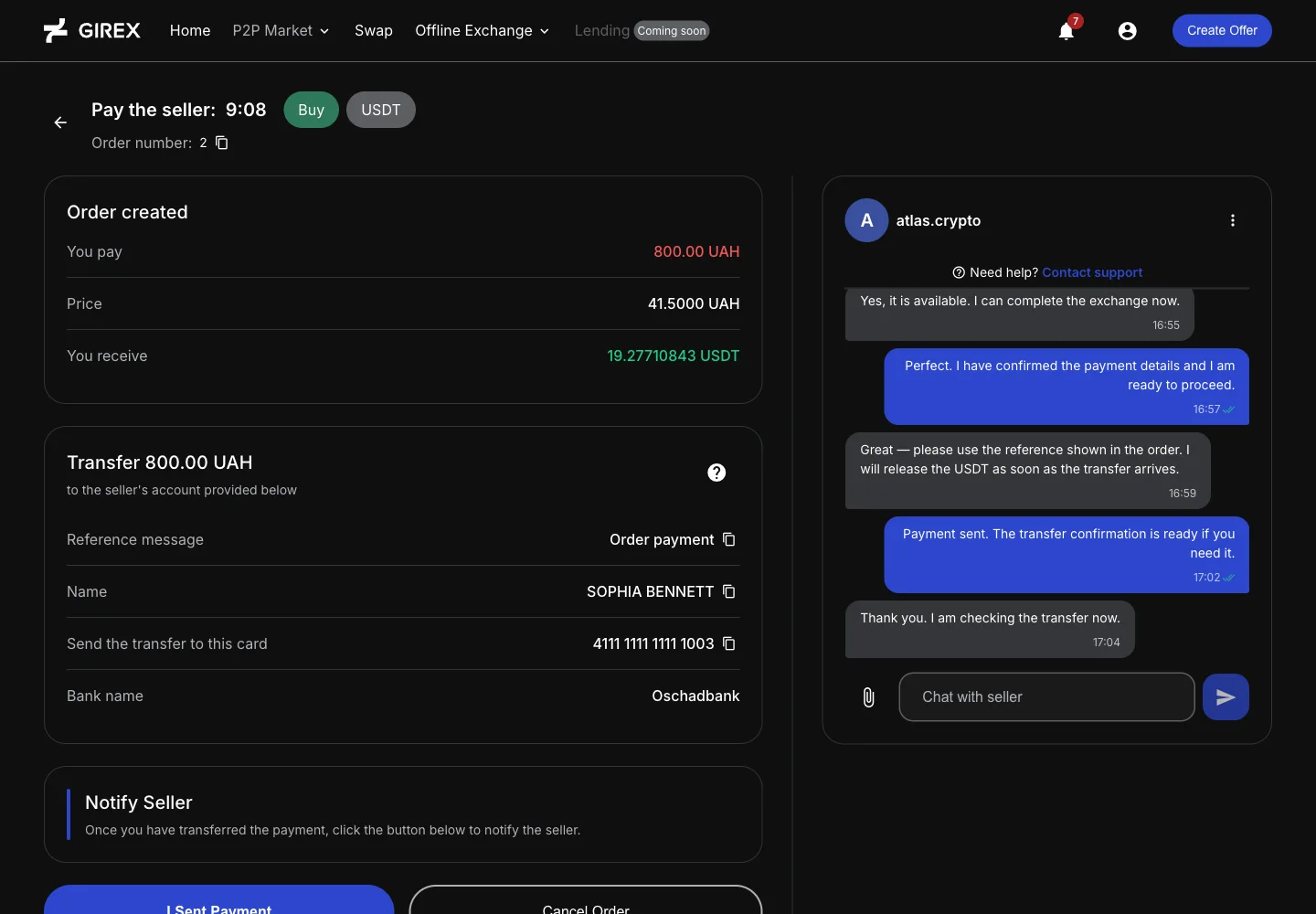 Girex P2P deal flow with payment details and real-time chat
