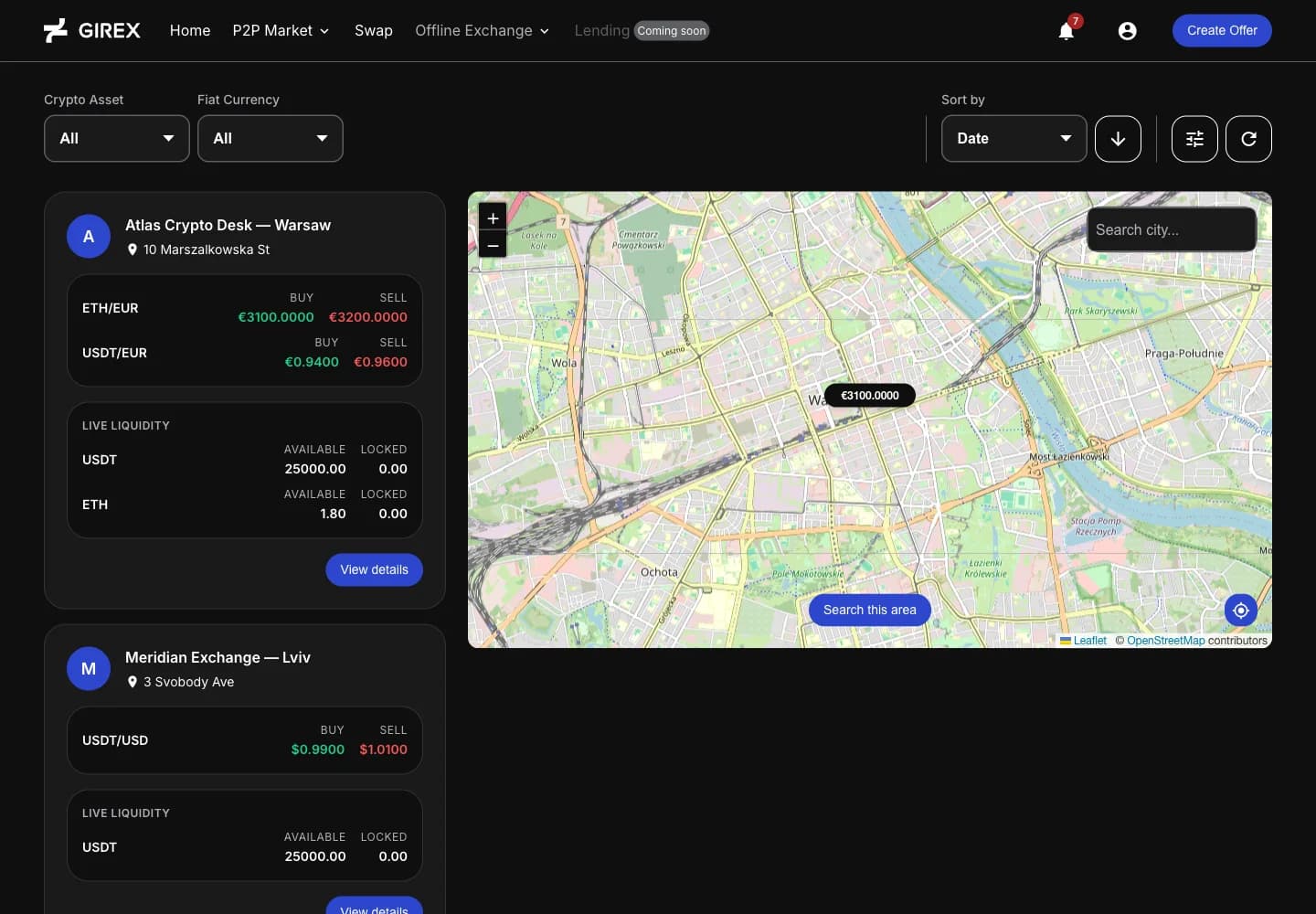 Girex offline exchange discovery map with exchange-point rates
