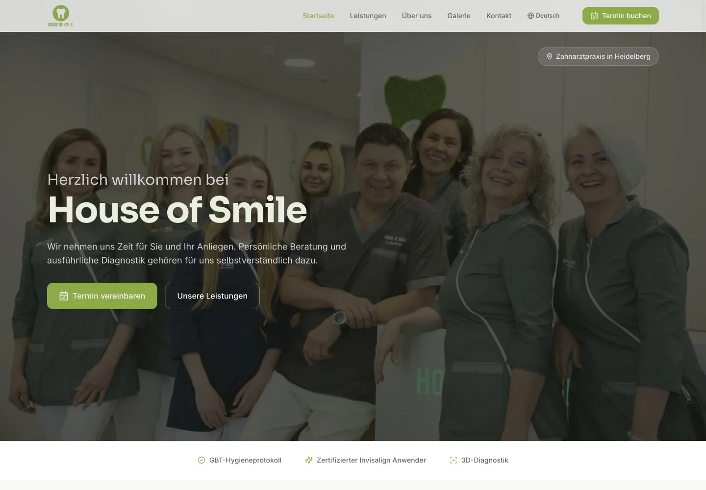 House of Smile dental clinic homepage with team portrait and booking call to action