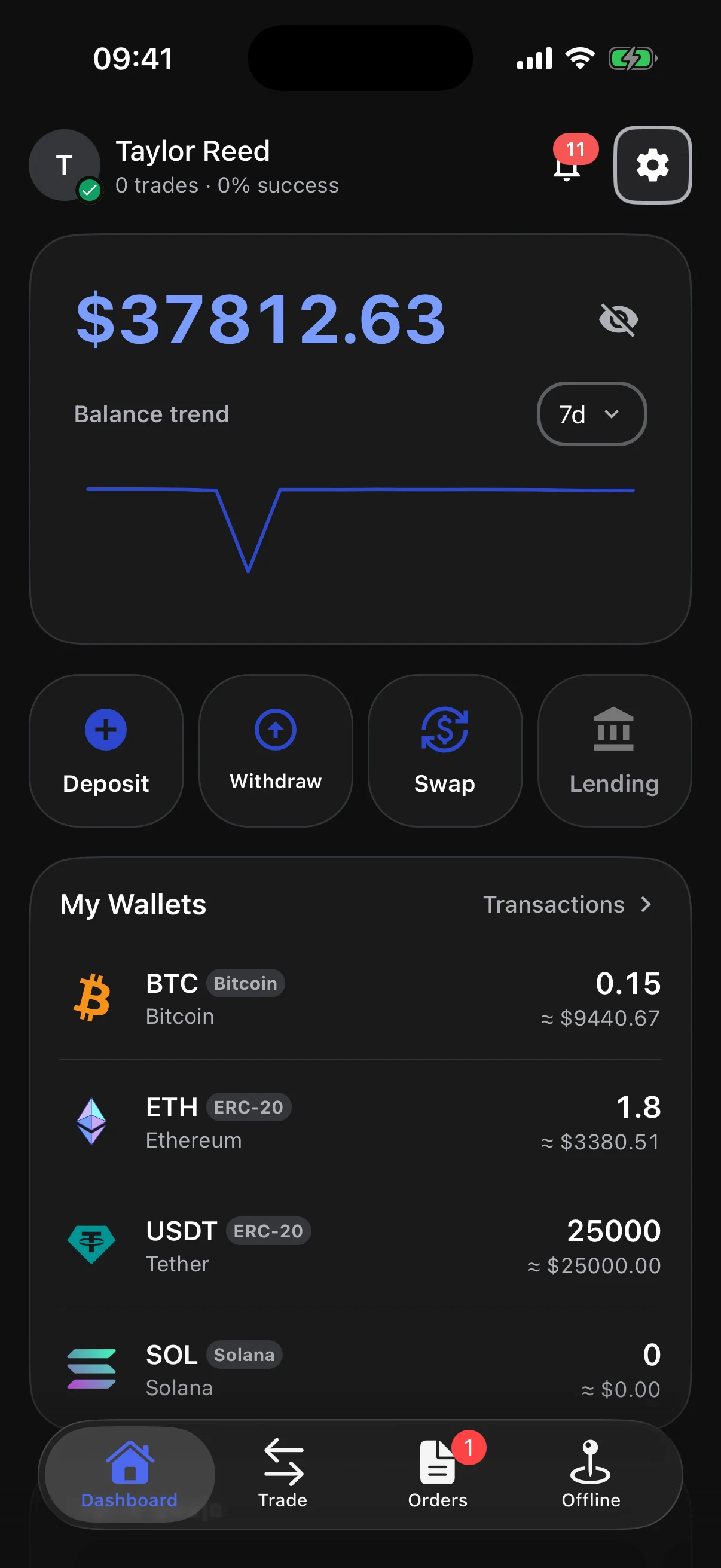 Girex native mobile dashboard with wallets and bottom navigation
