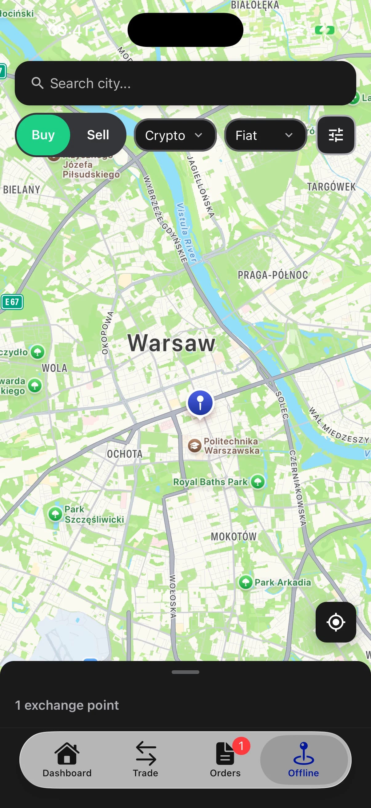 Girex native mobile exchange-point map with bottom navigation